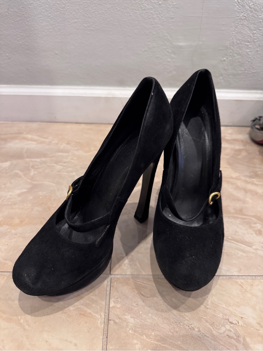 Yves Saint Laurent Black Suede Mary-Jane Stiletto Pumps